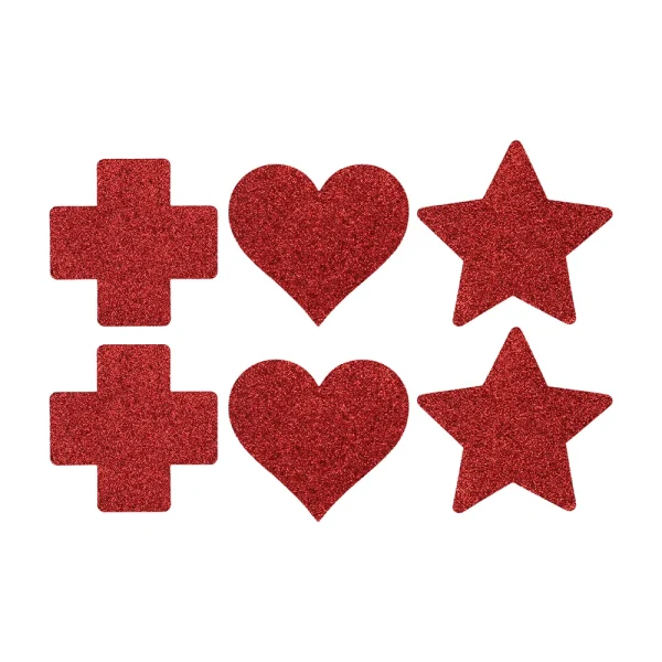 The Le Desir Nipple Cover Set features six red glittery shapes, two plus signs, two hearts, and two stars, arranged in two rows on a white background.