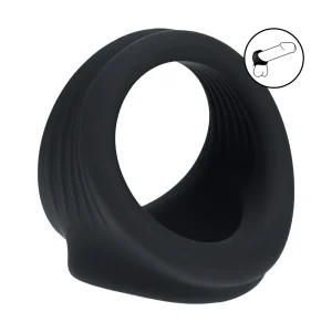 The Levelz Silicone Cock and Ball Harness is a black silicone penis ring, designed for harder and bigger erections. A small illustration in the corner shows where to wear the harness.