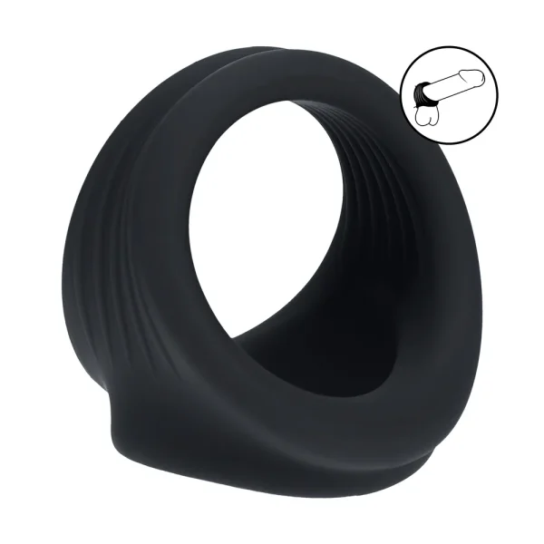 The Levelz Silicone Cock and Ball Harness is a black silicone penis ring, designed for harder and bigger erections. A small illustration in the corner shows where to wear the harness.