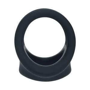 Front view of the Levelz Silicone Cock and Ball Harness. It is a black, silicone ring with a smooth surface and wide base, featuring a hollow centre and base. It's shown against a white background.