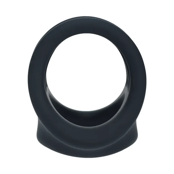 Front view of the Levelz Silicone Cock and Ball Harness. It is a black, silicone ring with a smooth surface and wide base, featuring a hollow centre and base. It's shown against a white background.