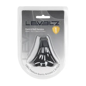 The Levelz Silicone Cock and Ball Harness, made of black silicone, is packaged in a clear plastic and cardboard display with product details and a level "1" rating shown at the top right.