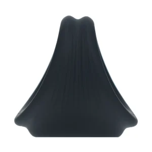A side view of the black Levelz Silicone Cock and Ball Harness with curved, smooth edges.