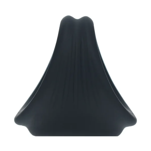 A side view of the black Levelz Silicone Cock and Ball Harness with curved, smooth edges.