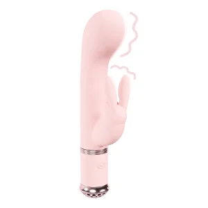 The Loveline Paris Collection Belle Rabbit Vibe is a pink silicone rabbit-style vibrator with a curved tip, bunny-shaped external stimulator, wavy lines to imply vibration, a power button at the base, and metallic accents.