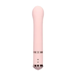 Back view of the Loveline Paris Collection Belle Rabbit Vibe. It is a pink, mini rabbit vibrator with a rounded tip and metallic rose pink base featuring a decorative pattern, shown standing upright against a white background.