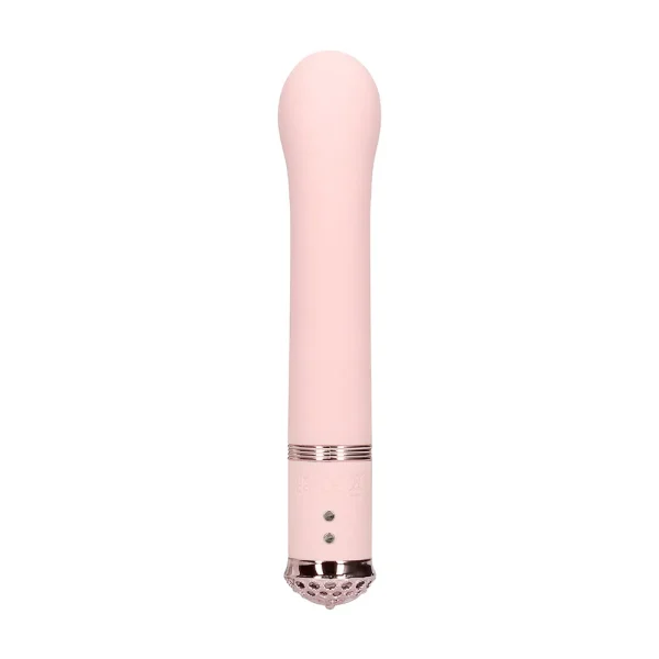 Back view of the Loveline Paris Collection Belle Rabbit Vibe. It is a pink, mini rabbit vibrator with a rounded tip and metallic rose pink base featuring a decorative pattern, shown standing upright against a white background.