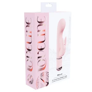 A box labeled "Loveline Paris Collection Belle Rabbit Vibe" features a pink 10-function rabbit vibrator, with an image of the toy and a subtle Eiffel Tower illustration in the background.