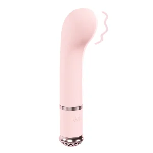 The Loveline Paris Collection Cherie G-Spot Vibe is a pink vibrator with a curved tip, rose gold accents near the base, and power button, shown upright with motion lines to indicate vibration.