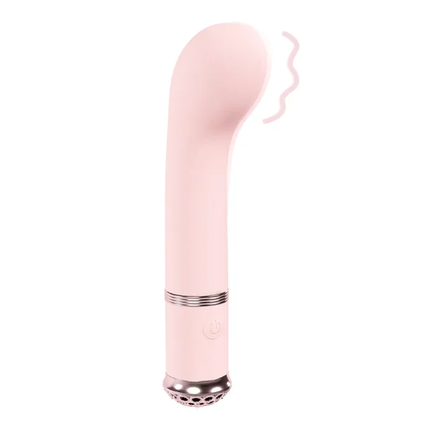 The Loveline Paris Collection Cherie G-Spot Vibe is a pink vibrator with a curved tip, rose gold accents near the base, and power button, shown upright with motion lines to indicate vibration.