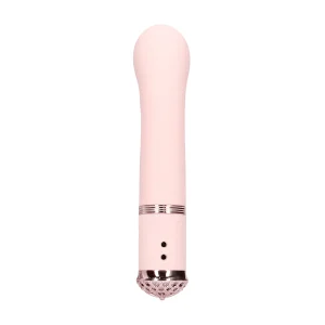 Back view of the Loveline Paris Collection Cherie G-Spot Vibe is a pink, G-spot vibrator with a rounded tip and rose gold base accents, shown standing upright on a white background.