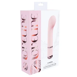 A pink rectangular box labeled "Loveline Paris Collection Cherie G-Spot Vibe" features an image of a pale pink vibrator with Paris-themed graphics, including Eiffel Tower artwork.