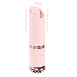The Loveline Paris Collection Luxe Mini Lipstick Bullet Vibrator is a pale pink, lipstick style vibrator with a curved, split tip, rose gold accents, and a power button with vibration motion lines.