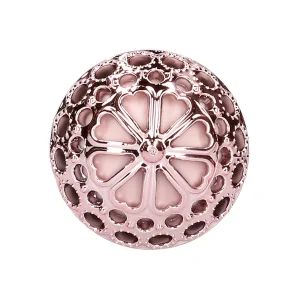 A base view of the Loveline Paris Collection Luxe Mini Lipstick Bullet Vibrator, shown in metallic rose gold with heart-shaped cutouts and a floral top design, is photographed against a white background.