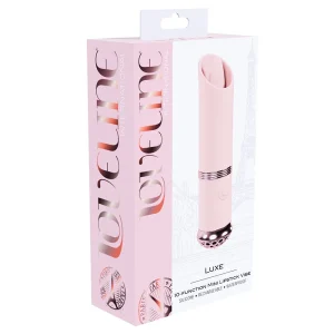 A pink retail box labeled "Loveline Paris Collection Luxe Mini Lipstick Bullet Vibrator" showcases a mini lipstick-shaped vibe with an Eiffel Tower graphic and highlights features like silicone, rechargeable, and waterproof.