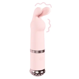 The Loveline Paris Collection Reve Mini Rabbit Bullet Vibrator is a light pink, rabbit-ear shaped bullet vibrator with a rose gold base accent, power button, and motion lines that show vibration.