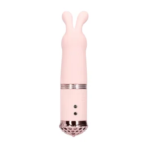 The Loveline Paris Collection Reve Mini Rabbit Bullet Vibrator viewed from the back. It is a small, pink silicone vibrator with two bunny ear-shaped tips and a metallic silver base.