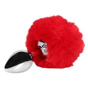The Ouch Bunny Tail Metal Butt Plug features a silver metal plug with a soft, large red faux fur bunny tail attached, shown on a white background.