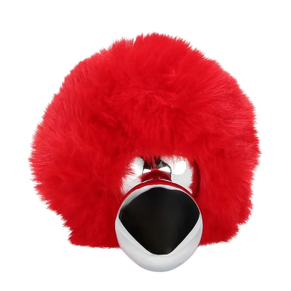 Front view of the Ouch Bunny Tail Metal Butt Plug is a silver plug featuring a large, fluffy red faux fur tail attached to its base, shown against a white background.