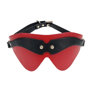 Ouch Milan Collection Blindfold: Red and black faux leather mask with gold rivets, featuring an angular design and adjustable black strap.