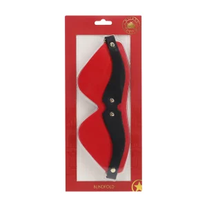 The Ouch Milan Collection Blindfold is a red and black eye mask, shown in clear plastic packaging with a red backdrop and the word “BLINDFOLD” at the bottom.