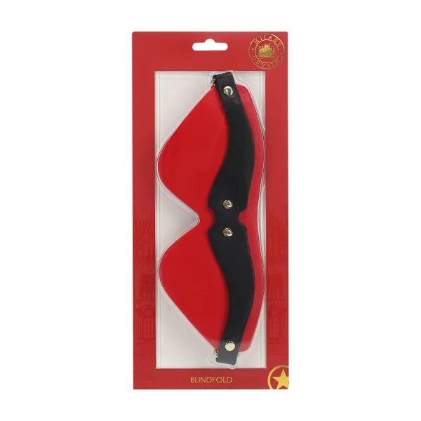 The Ouch Milan Collection Blindfold is a red and black eye mask, shown in clear plastic packaging with a red backdrop and the word “BLINDFOLD” at the bottom.