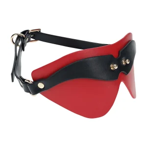 Side view of the Ouch Milan Collection Blindfold is a red and black leather eye mask with gold studs and an adjustable strap, designed to cover the eyes and upper face.