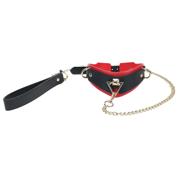 The Ouch Milan Collection Collar and Leash features black and red leather with gold metal hardware, plus a matching gold coloured chain leash with a black handle.
