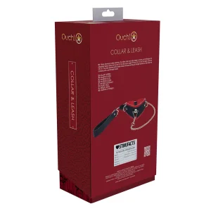 The image shows the back of a red box labeled "Ouch Milan Collection Collar and Leash" with a picture of the red collar, black handle, chain leash, product details, and a barcode.