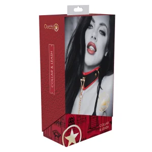 The Ouch Milan Collection Collar and Leash packaging shows a woman wearing the black and red collar with a gold chain leash, featuring the product name and description on the front of the box.