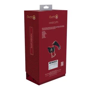 The back of the red packaging for Ouch Milan Collection Handcuffs, it features a photo of black & red handcuffs with a metal chain, along with product information and a barcode.