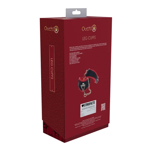 Back of the red packaging for Ouch Milan Collection Leg Cuffs, displaying product name, features, branding, barcode, and an image of black and red leg cuffs with metal chain.