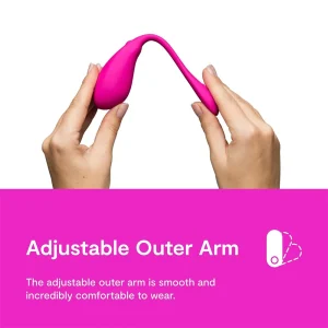 A person holds the We-Vibe Jive 2, a pink wearable love egg vibrator with a smooth, flexible outer arm above text: "Adjustable Outer Arm. The adjustable arm is smooth and incredibly comfortable to wear.