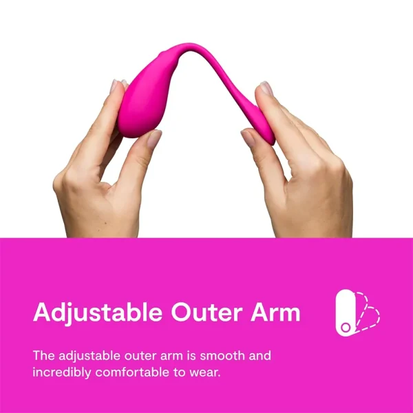 A person holds the We-Vibe Jive 2, a pink wearable love egg vibrator with a smooth, flexible outer arm above text: "Adjustable Outer Arm. The adjustable arm is smooth and incredibly comfortable to wear.
