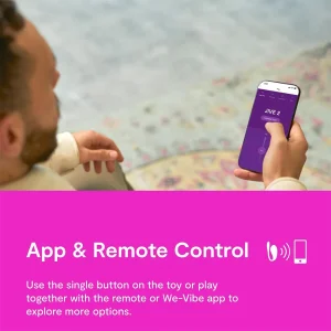 A person holds a smartphone with a purple screen displaying the We-Vibe Jive 2 App Controlled Rechargeable Love Egg Vibrator app; text describes app and remote control features, with a pink banner noting We-Vibe app compatibility.