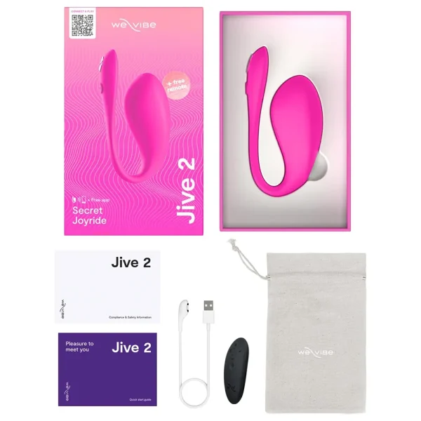 The We-Vibe Jive 2 App Controlled Rechargeable Love Egg Vibrator, its packaging box, storage bag, USB charging cable, black remote control, and instruction manuals are neatly arranged on a white background.