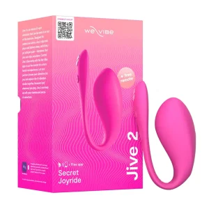 The We-Vibe Jive 2 App Controlled Rechargeable Love Egg Vibrator in pink is shown on its wavy pink box featuring product branding, a QR code, and details highlighting its discreet, app-controlled remote operation.