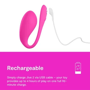 The We-Vibe Jive 2 App Controlled Rechargeable Love Egg Vibrator is shown in connected to a white USB cable. Text: "Rechargeable, charge via USB for up to 4 hours of play after a full 90-minute charge.