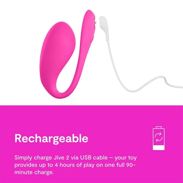 The We-Vibe Jive 2 App Controlled Rechargeable Love Egg Vibrator is shown in connected to a white USB cable. Text: "Rechargeable, charge via USB for up to 4 hours of play after a full 90-minute charge.
