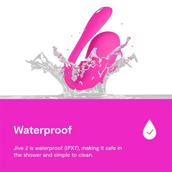 A bright pink, curved We-Vibe Jive 2 App Controlled Rechargeable Love Egg Vibrator splashes into water, highlighting its waterproof (IPX7) design, safe for the shower and easy to clean.
