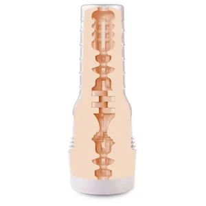 The Fleshlight Girls Angel Youngs Sweetness Texture Masturbator is a cylindrical, flesh-toned sleeve with textured inner chambers inside a flashlight style case, designed for male pleasure.