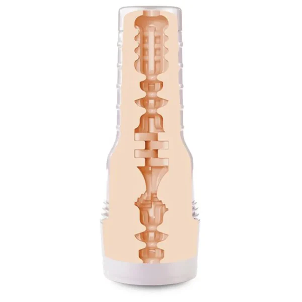 The Fleshlight Girls Angel Youngs Sweetness Texture Masturbator is a cylindrical, flesh-toned sleeve with textured inner chambers inside a flashlight style case, designed for male pleasure.