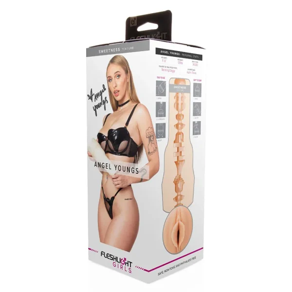 A box labeled "Fleshlight Girls Angel Youngs Sweetness Texture Masturbator" features Angel Youngs in black lingerie, Fleshlight Girls branding, texture details, and Angel Youngs’ signature.