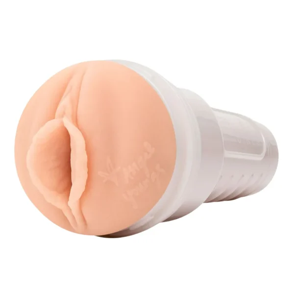 A close-up of the Fleshlight Girls Angel Youngs Sweetness Texture Masturbator from the side.