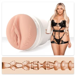 Kayley Gunner in black lingerie holds the Fleshlight Girls Kayley Gunner Fully Loaded Texture Masturbator, with close-up shots of its exterior and a cross-section displaying its textured interior.