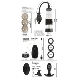A labeled image shows the Rebel 7-Piece Performance Sex Toy Set: a textured stroker, pump, vibrating egg with remote, 3 cock rings and plug, each displayed with dimensions and descriptions in black and white.