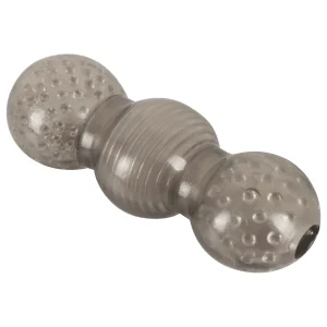 The Rebel 7-Piece Performance Sex Toy Set includes a translucent gray, hourglass-shaped masturbator which is textured and ribbed.