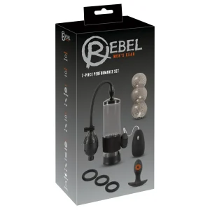 Boxed "Rebel 7-Piece Performance Sex Toy Set" includes a pump, three rings, anal plug, textured sleeves, and remote-controlled vibrator, all featured on sleek black packaging with images and Rebel branding.