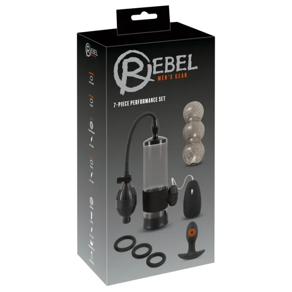 Boxed "Rebel 7-Piece Performance Sex Toy Set" includes a pump, three rings, anal plug, textured sleeves, and remote-controlled vibrator, all featured on sleek black packaging with images and Rebel branding.