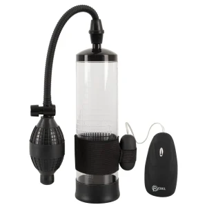 The Rebel 7-Piece Performance Sex Toy Set includes a transparent cylindrical pump with a black flexible hose, hand pump, adjustable strap, and wired control device, all displayed upright on a white background.
